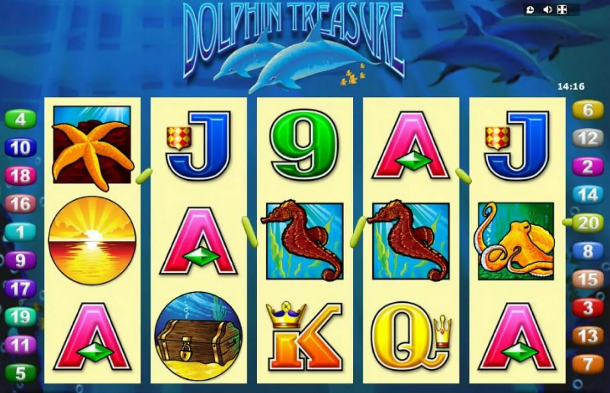 Dolphin Treasure paytable showing symbol values and payouts